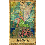 Image of artisan-designed graphic with winged nomad spirit on a mountain, with words "Sun Guide. Nomad spirit awakens journey of discovery" at bottom.