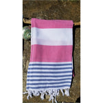 Over-sized, colorful bold stripes, our Mediterranean towel is beautifully hand-loomed with hand-tied fringe. 