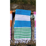 Over-sized, colorful bold stripes, our Mediterranean towel is beautifully hand-loomed with hand-tied fringe. 