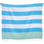Over-sized, colorful bold stripes, our Mediterranean towel is beautifully hand-loomed with hand-tied fringe. 